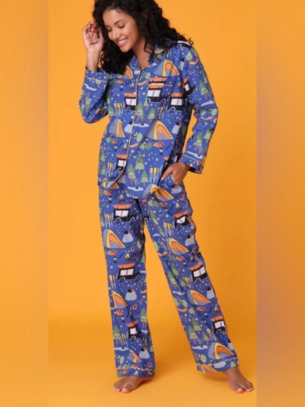 Blue Printed Women’s Pajama Set - Cozy Camping Motif